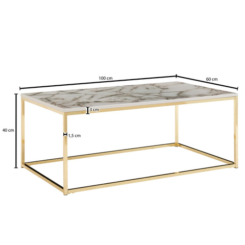 Rootz Coffee Table - Metal Frame Living Room Table - White-Gold Marble Look - Square Sofa Side Table - 100x60x40 cm