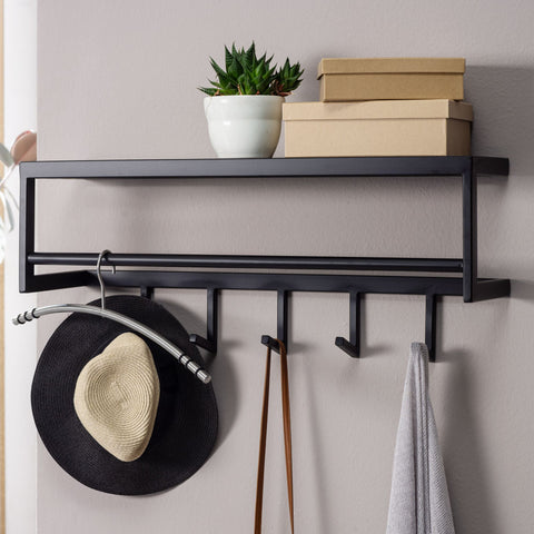 Rootz Metal Wall Coat Rack with Shelf - Stylish Black Hallway Organizer - Hat Rack and Hook Rail for Efficient Storage