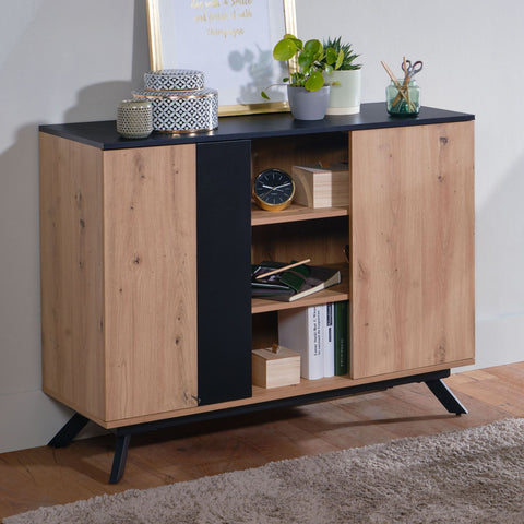Rootz Sideboard - Oak Decor - Black MDF - 2-Door Chest of Drawers - Modern Hall Cabinet - Floor Standing Cabinet with Metal Legs - 110x87x40 cm