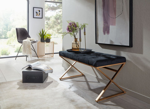 Rootz Bench - Upholstered Hallway Bench with Metal Frame - Chesterfield Design Bed Bench for Bedroom - Modern Hallway/Cloakroom Bench - Velvet Bench Black - 90x46x44 cm