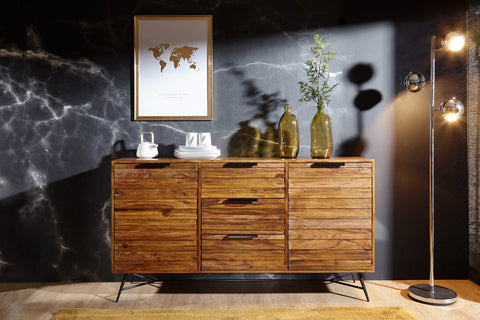 Rootz Sideboard – Sheesham-Holzdesign – Türen und Schubladen – Industriestil – Massivholzschrank – 160 x 40 x 88 cm 