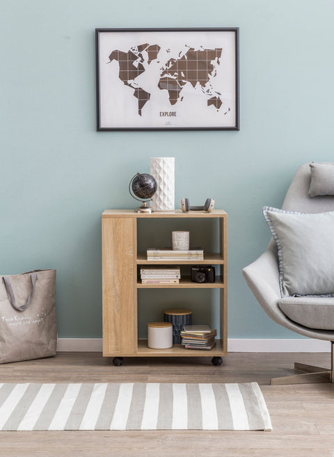 Rootz Trolley Shelf - Sonoma - Wood Trolley with Wheels - Slim Kitchen and Telephone Table - 60x35x75cm