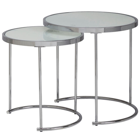 Rundes Beistelltisch-Set von Rootz – Weiß-Silber – Glasplatte – Wohnzimmer-Satztisch – Milchglas-Couchtisch – 50–42 cm 