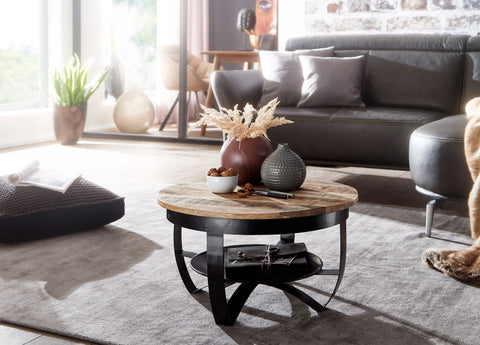 Rootz Industrieller runder Couchtisch – Mango-Massivholz und Metall – Schwarz – Massiver Wohnzimmertisch – Kleiner Couchtisch – 60 x 34 x 60 cm 