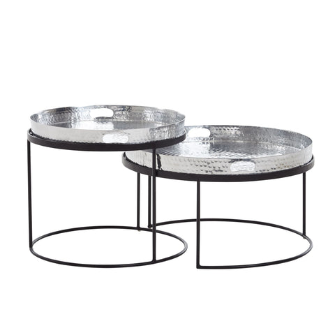 Runder Beistelltisch von Rootz – Set mit 2 Satztischen aus silber-schwarzem Metall mit Hammerschlag-Finish – runder Couchtisch mit abnehmbarem Tablett – moderner 2-teiliger Sofatisch mit Tablett