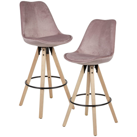 Rootz Bar Stools - Pink Velvet - Solid Wood - Scandinavian Design (2 Pieces) - Set of 2 - Counter Stools with Backrest - Seat Height 77cm