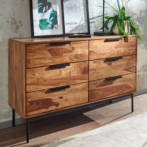 Rootz Chest of Drawers - Metal Industrial Sideboard - Modern Wood Chest of Drawers - Living Room Sideboard - Solid Sheesham Wood - 117x80x42 cm