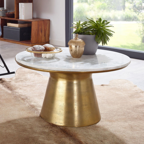 Rootz Couchtisch aus weißem Marmor – goldenes Metalldesign – runder kleiner Couchtisch – moderner Wohnzimmertisch – Beistelltisch – 60 x 60 x 34 cm 