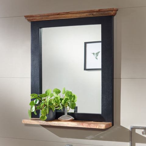 Rootz Bathroom Mirror - Design Wall Mirror with Shelf - Modern Hanging Mirror - Mango Wood - Black - 73x78x15 cm