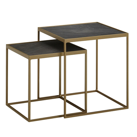 Rootz Quadratischer Couchtisch – 2-teiliges Tischset – eckiger Beistelltisch aus Stein-Metall und Industriedesign – Tischset zum Zusammenstellen