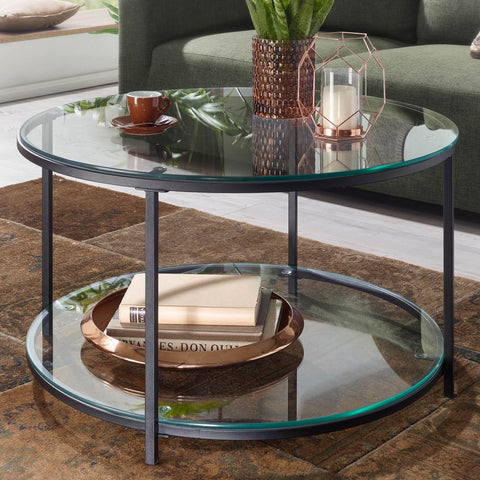 Rootz Glass and Metal Coffee Table - Modern Round Living Room Table - Coffee Table with Storage Space - Lounge Table with Storage Compartment - Side Table - 80x80x45 cm
