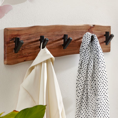 Rootz Coat Rack - Acacia Solid Wood with Metal - Wall-Mounted Hook Rail - Wood Hall Coat Rack - 60x17x9cm