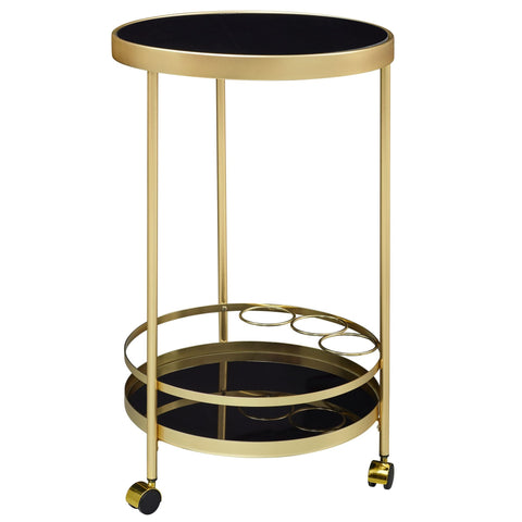 Rootz Trolley - 2 Levels - Side Table on Castors with Glass Top - Black Dining Car - Kitchen and Tea Trolley - Gold - Round - 45cm