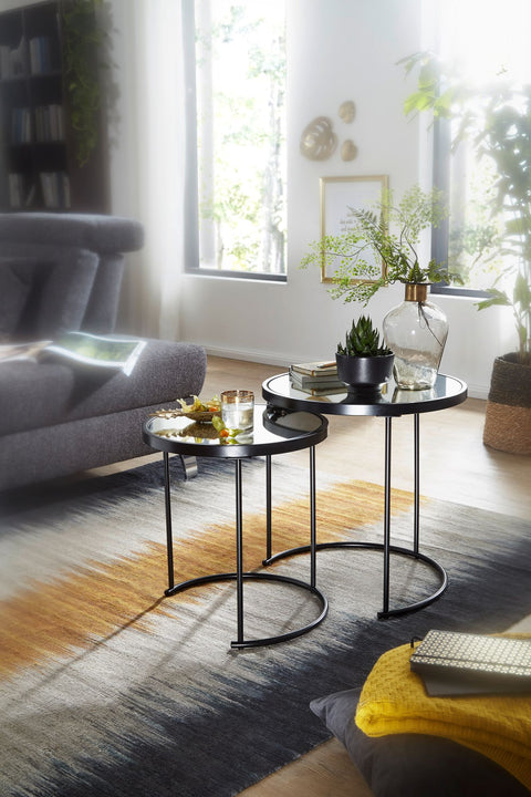 Rundes Beistelltisch-Set von Rootz – schwarzes Spiegelglas – Wohnzimmer-Satztisch – verspiegelter Couchtisch (2er-Set) – 50–42 cm 