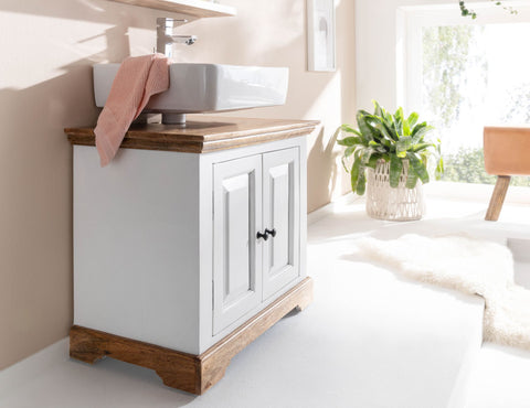 Rootz Bathroom Cabinet - Standing Base Cabinet with 2 Doors - Compact and Stylish Midi Cabinet - White Mango Wood - 73x60x42 cm