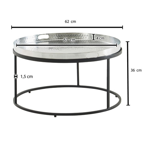 Rootz Coffee Table - Silver & Black Aluminum - Removable Round Tray - Modern Design - Hammered Metal - 62x62x36 cm