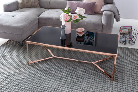 Rootz Couchtisch – Design aus schwarzem Blech mit Kupferrahmen – moderner verspiegelter Wohnzimmer-Couchtisch – eckiger Glastisch – 120 x 60 x 40 cm 