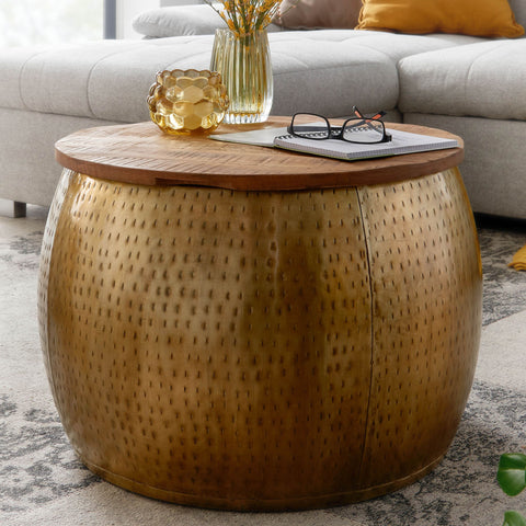 Rootz Round Coffee Table - Storage Space - Removable Top - Modern Design - Gold - Mango Wood & Metal - 60x60x40 cm