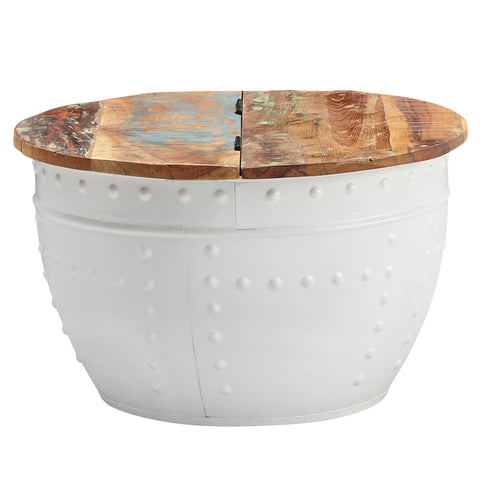 Rootz Industrieller runder Couchtisch – Mangoholz und Metall – Weiß – Design-Wohnzimmertisch mit Stauraum – Moderner Lounge-Sofatisch – 60 x 36 x 60 cm