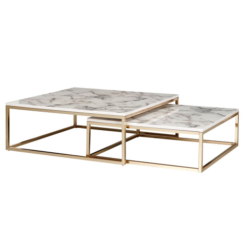 Rootz Couchtisch – 2er-Set, weißes Marmor-Optik-Design – goldenes Metallgestell – moderne Satztische für elegantes Wohnzimmer