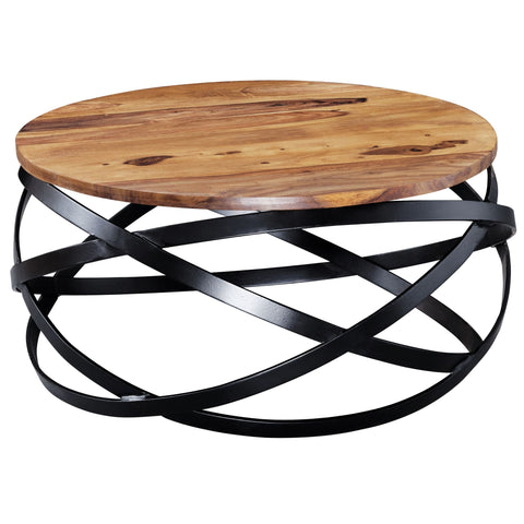 Rootz Couchtisch – Sheesham-Holz – Metallgestell – rundes Design für Wohnzimmer – 60 x 30 x 60 cm