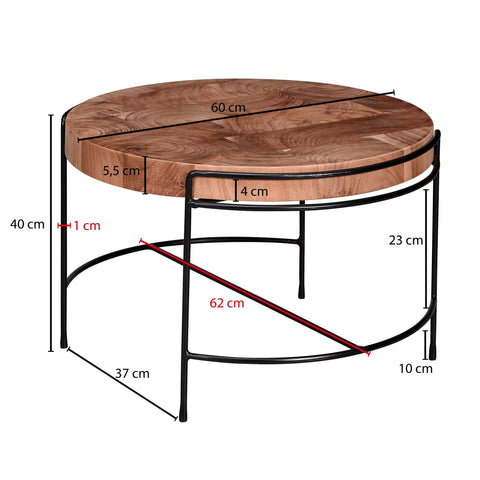 Rootz Couchtisch – Runder Wohnzimmertisch mit Metallbeinen – Kleiner Designer-Industrietisch – Akazien-Massivholz – Metall – 62 x 40 x 62 cm