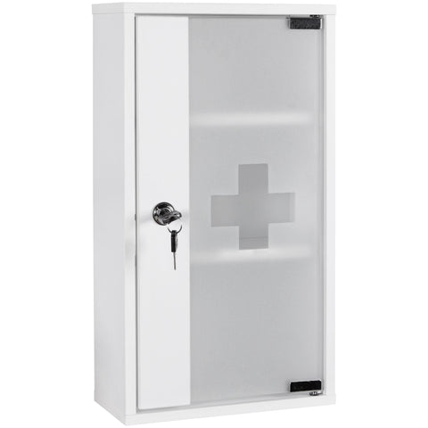Rootz Medicine Cabinet -  White Wood - Lockable with 3 Compartments - Glass Door First Aid Cabinet with Cross - Wall-Mounted Medicine Chest -  26 x 48 x 12 cm