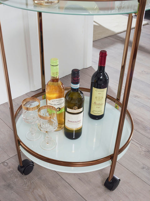 Rootz Serving Trolley - Gold - Round 50cm - 2 Levels with Brake - Side Table on Castors with Glass Top - Dining Car - Kitchen and Tea Trolley