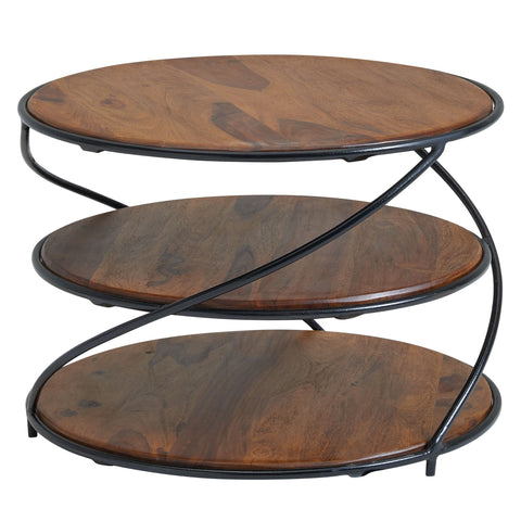 Rootz Coffee Table - Metal with Storage - Modern Living Room Table - Small Round Side Table - Solid Sheesham Wood -  58x58x40.5 cm