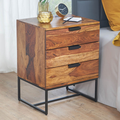 Rootz Industrial Bedside Table - Design with 3 Drawers - Storage Space for Box Spring Beds - Solid Sheesham Wood-Metal - 50x40x65cm