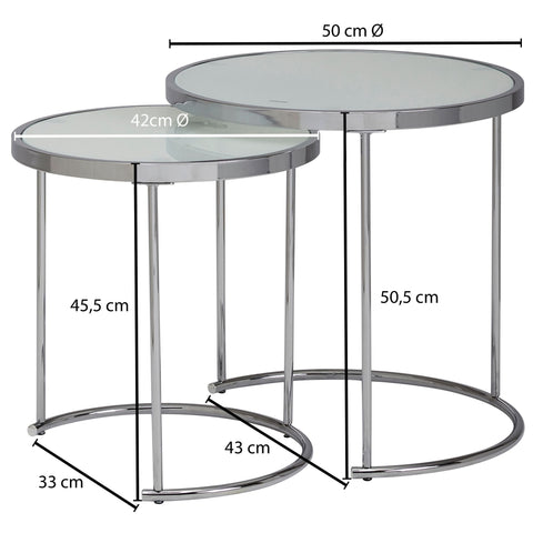 Rundes Beistelltisch-Set von Rootz – Weiß-Silber – Glasplatte – Wohnzimmer-Satztisch – Milchglas-Couchtisch – 50–42 cm 