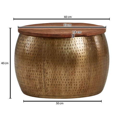 Rootz Round Coffee Table - Storage Space - Removable Top - Modern Design - Gold - Mango Wood & Metal - 60x60x40 cm