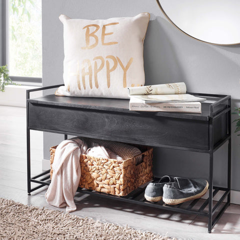 Rootz Storage Bench - Mango Solid Wood - Black Metal Hallway Bench - Small Shoe Bench with Seat - Narrow Entryway Bench with Shoe Rack - 90x52x38 cm