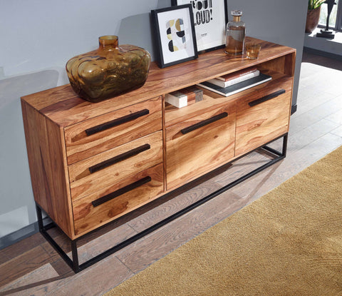 Rootz Wine Rack - Industrial Sideboard - Solid Sheesham Wood and Metal - Drawer Cabinet Home Bar - 165x80x40 cm