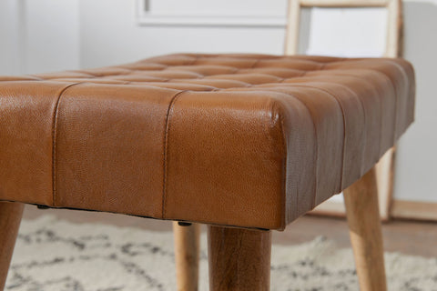 Rootz Stool - Real Leather Chesterfield Design - Brown Leather Stool - Country Footstool, No Backrest - Mango Solid Wood - 67x47x39cm