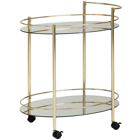 Rootz Serving Trolley - Mobile Mini Bar - Side Table on Wheels - Dining Car with White Glass Top - Kitchen and Tea Trolley - Gold - 67x79cm