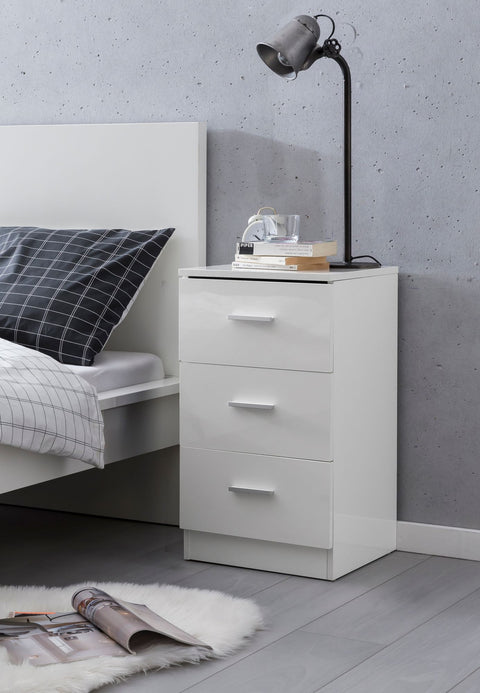 Rootz Nightstand - High Gloss - Box Spring Bedside Table - Bedroom Bedside Table with 3 Drawers - White - 38x66.5x35cm