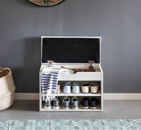 Rootz Shelf Bench - White - Small Upholstered Wooden Bench - Narrow Hallway Shoe Bench with Storage - Chest Bench for Hallway - 60 x 40 x 30 cm