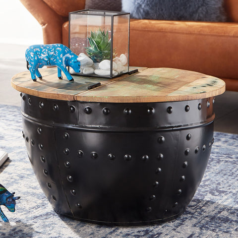 Rootz Industrieller runder Couchtisch – Mangoholz und Metall – Schwarz – Design-Wohnzimmertisch mit Stauraum – Moderner Lounge-Sofatisch – 60 x 36 x 60 cm 