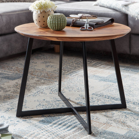 Rootz Couchtisch – Runder Couchtisch aus Metall – Modernes Design für Wohnzimmer – Kleiner Beistelltisch – Massives Sheesham-Holz – 60 x 60 x 45 cm 