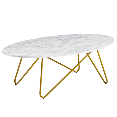 Rootz Couchtisch in weißer Marmoroptik – Wohnzimmertisch mit Metallrahmen – ovaler Loungetisch – 120 x 40 x 60 cm 