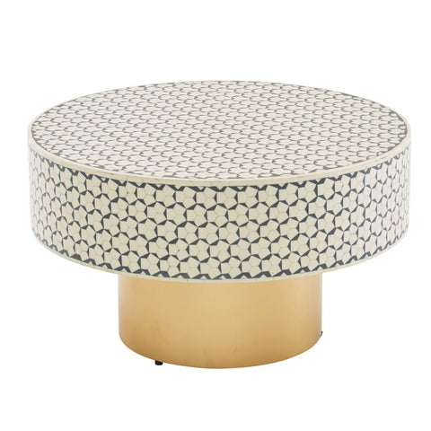 Rootz White Synthetic Resin Coffee Table - Gold Metal Base - Modern Design - Round Living Room Side Table - Small Coffee Table - 60x60x35 cm