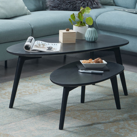 Rootz Design Couchtisch 2er Set Mango Massivholz Wohnzimmertisch schwarz – Satztisch Holztisch Nierenförmiger Couchtisch – 2-teiliges Tischset – Beistelltisch – Holz 