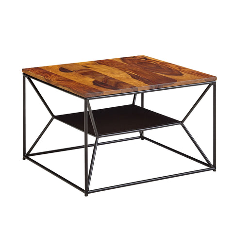 Rootz coffee table 60x60x40 cm solid sheesham wood - metal living room table - Industrial coffee table with storage - Lounge table with storage compartment - Coffee table side table Square