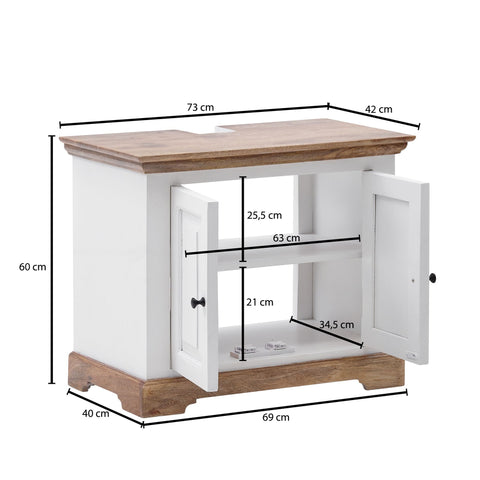 Rootz Bathroom Cabinet - Standing Base Cabinet with 2 Doors - Compact and Stylish Midi Cabinet - White Mango Wood - 73x60x42 cm