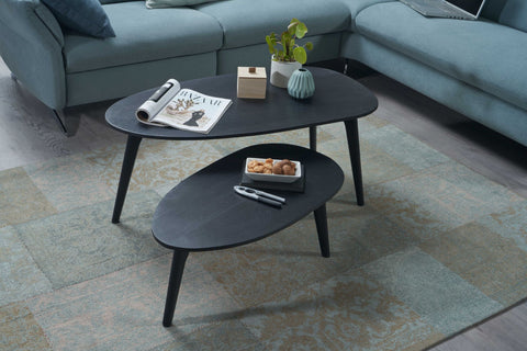 Rootz Design Couchtisch 2er Set Mango Massivholz Wohnzimmertisch schwarz – Satztisch Holztisch Nierenförmiger Couchtisch – 2-teiliges Tischset – Beistelltisch – Holz 