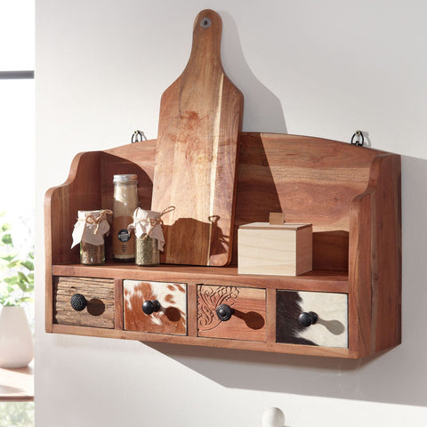 Rootz Floating Spice Rack - Small Design with Drawers - Wall Hanging Shelf - Solid Acacia Wood - 60x36x18 cm