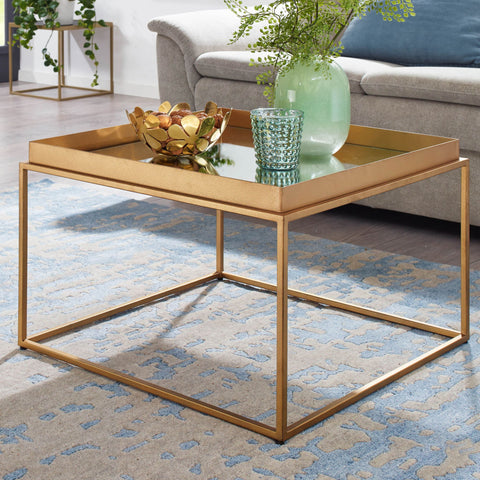 RootzCoffee Table - Square Mirrored - Glass & Metal - Gold - Modern Design - Small Side Table - 60x60x41 cm