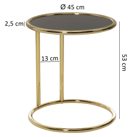 Rootz Design Beistelltisch Ø 45 cm Couchtisch rund schwarz - mattgold - Designer Couchtisch aus Glas modern - Glastisch mit Metallgestell - Kleiner Couchtisch - Runder Metalltisch Wohnzimmer