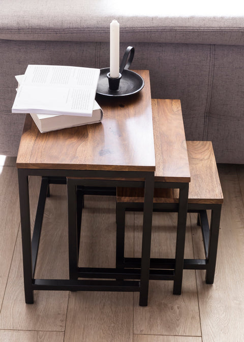 Rootz Beistelltische – 3 Designs – Sheesham mit Metallbeinen – Set mit 3 Satztischen aus gemischten Materialien – Akzenttische aus Massivholz 